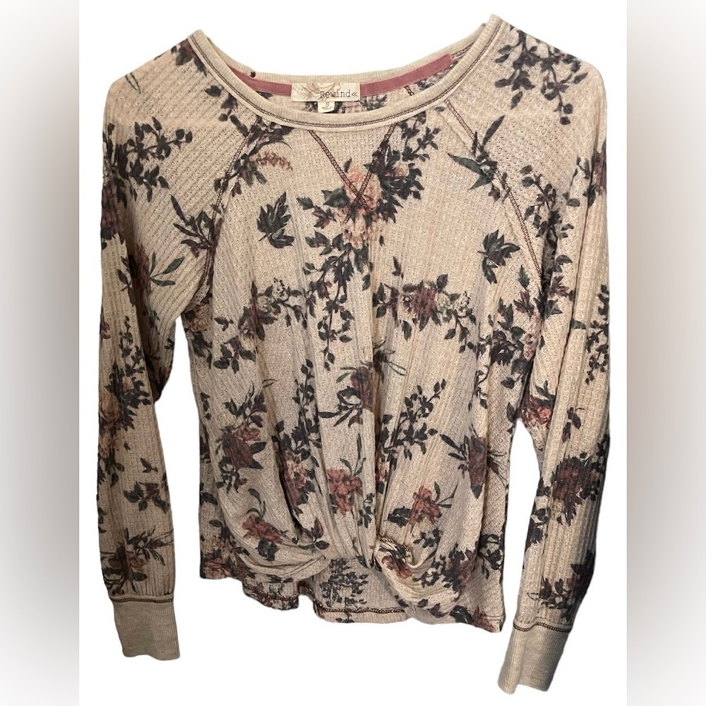 Rewind Tan Floral Knitted Crew Neck Sweater Small